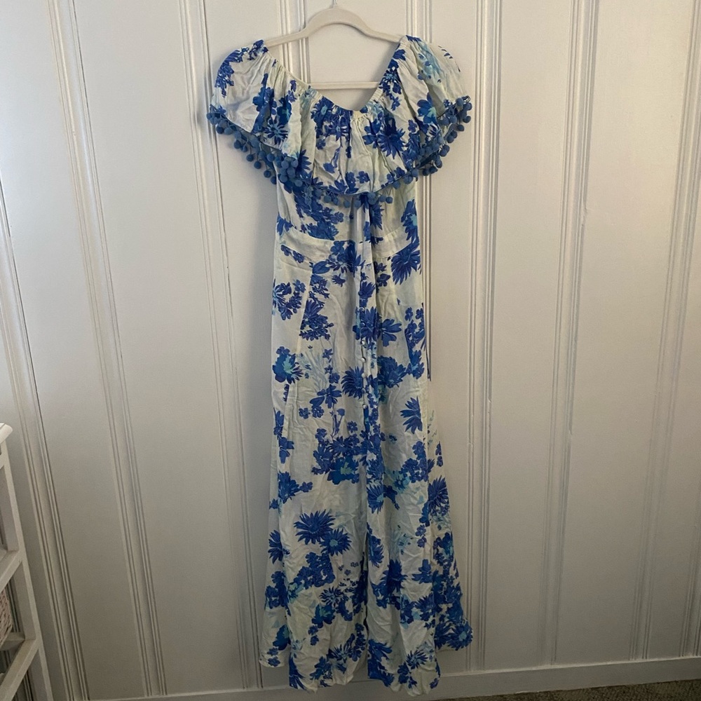 Z & L Blue Floral Off the Shoulder Maxi Dress Size Small Beach Cocktail Casual